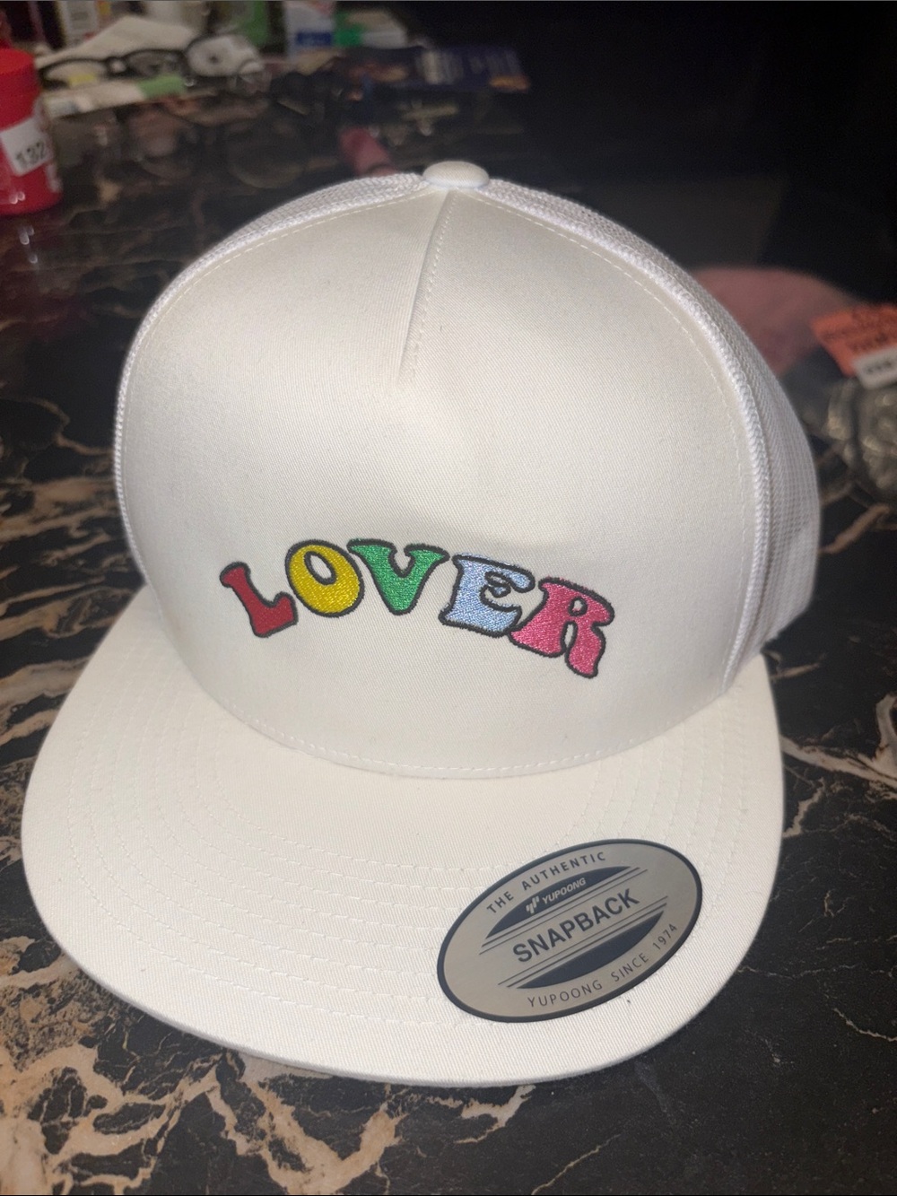 Unbranded White 'LOVER' Embroidered Snapback Hat